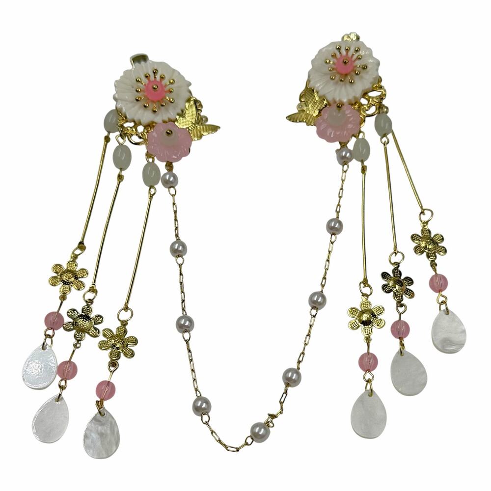 Hanfu Step Shake Hair Chain Clips Bridal Floral Tassel Headpiece Set Vtg Style